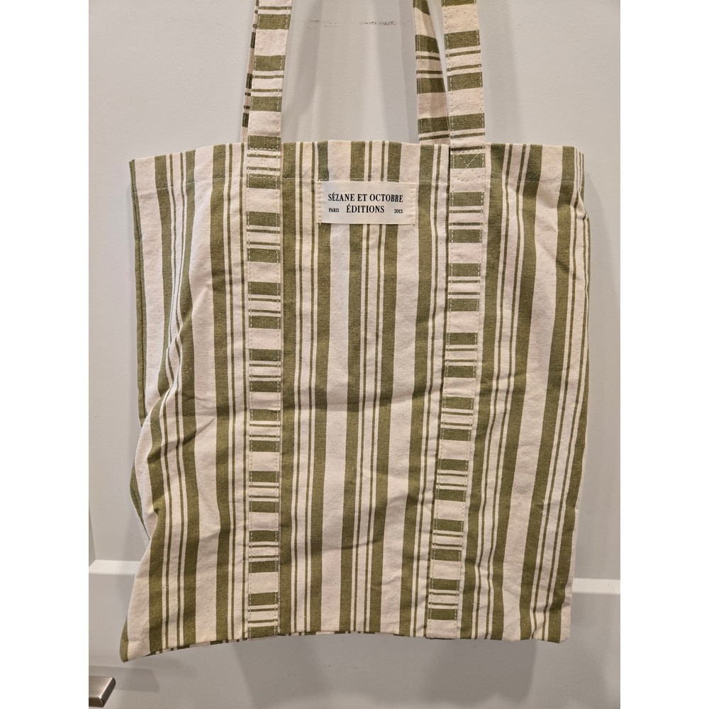 Sezane et Octobre Editions Paris Striped Canvas Tote Bag Olive Green Cream - Picture 6 of 9